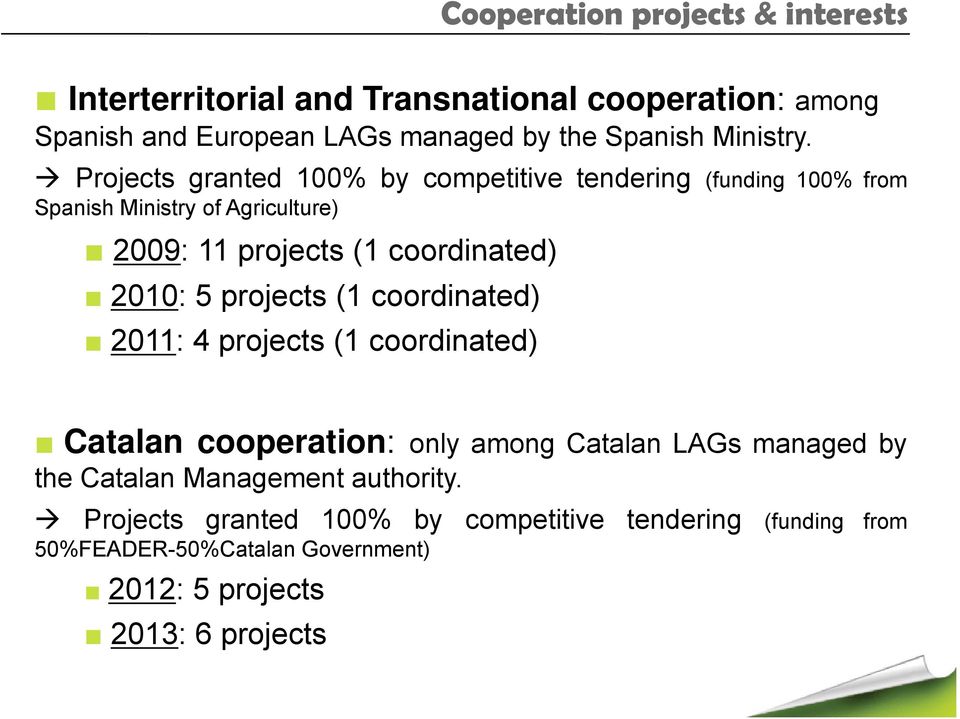 Projects granted 100% by competitive tendering (funding 100% from Spanish Ministry of Agriculture) 2009: 11 projects (1 coordinated) 2010: 5