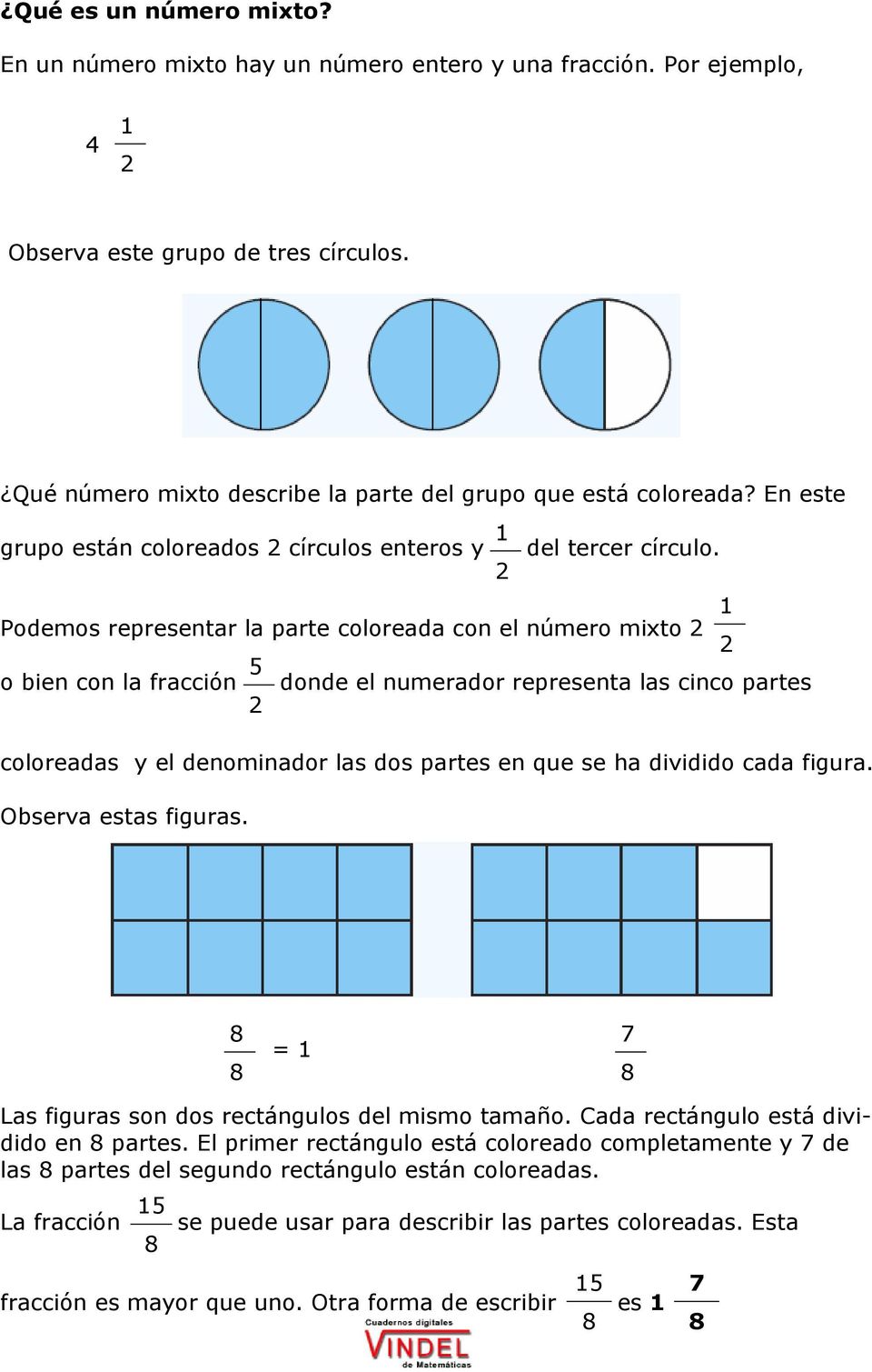 Podemos representar la parte coloreada con el número mixto o bien con la fracción donde el numerador representa las cinco partes coloreadas y el denominador las dos partes en que se ha dividido cada