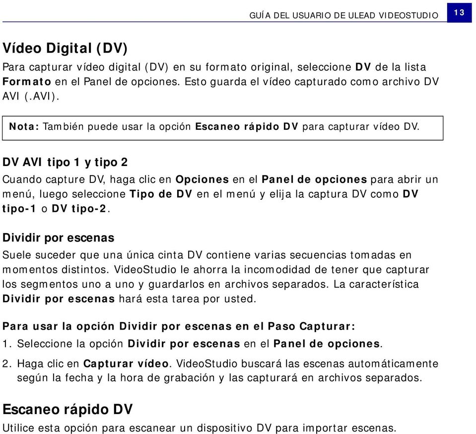 DV AVI tipo 1 y tipo 2 Cuando capture DV, haga clic en Opciones en el Panel de opciones para abrir un menú, luego seleccione Tipo de DV en el menú y elija la captura DV como DV tipo-1 o DV tipo-2.