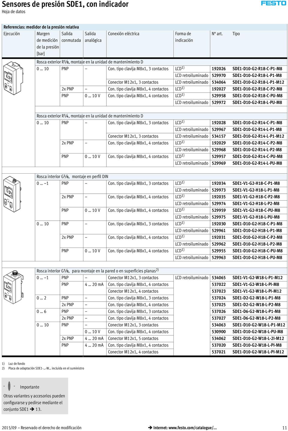 tipo clavija M8x1, 3 contactos LCD 1) 192026 SDE1-D10-G2-R18-C-P1-M8 LCD retroiluminado 529970 SDE1-D10-G2-R18-L-P1-M8 Conector M12x1, 3 contactos LCD retroiluminado 534064 SDE1-D10-G2-R18-L-P1-M12