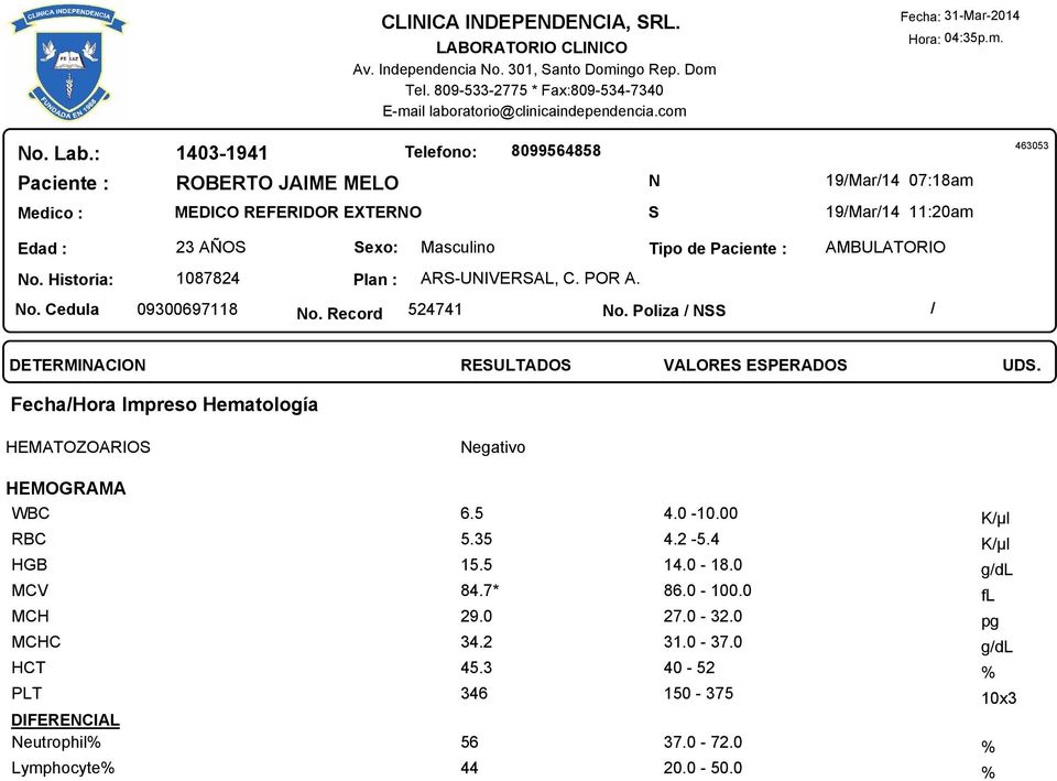 Fecha/Hora Impreso Hematología HEMATOZOARIO HEMOGRAMA WBC 6.5 4.0-10.00 K/µl RBC 5.35 4.2-5.4 K/µl HGB 15.5 14.0-18.0 g/dl MCV 84.