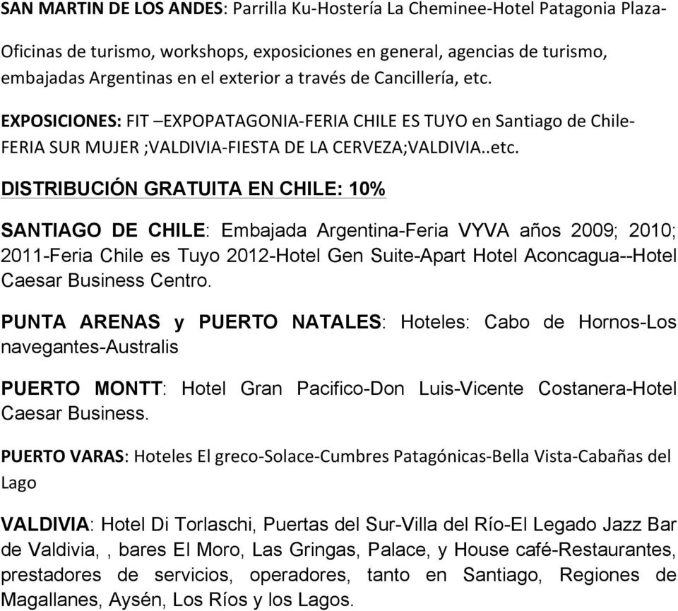 DISTRIBUCIÓN GRATUITA EN CHILE: 10% SANTIAGO DE CHILE: Embajada Argentina-Feria VYVA años 2009; 2010; 2011-Feria Chile es Tuyo 2012-Hotel Gen Suite-Apart Hotel Aconcagua--Hotel Caesar Business Centro.