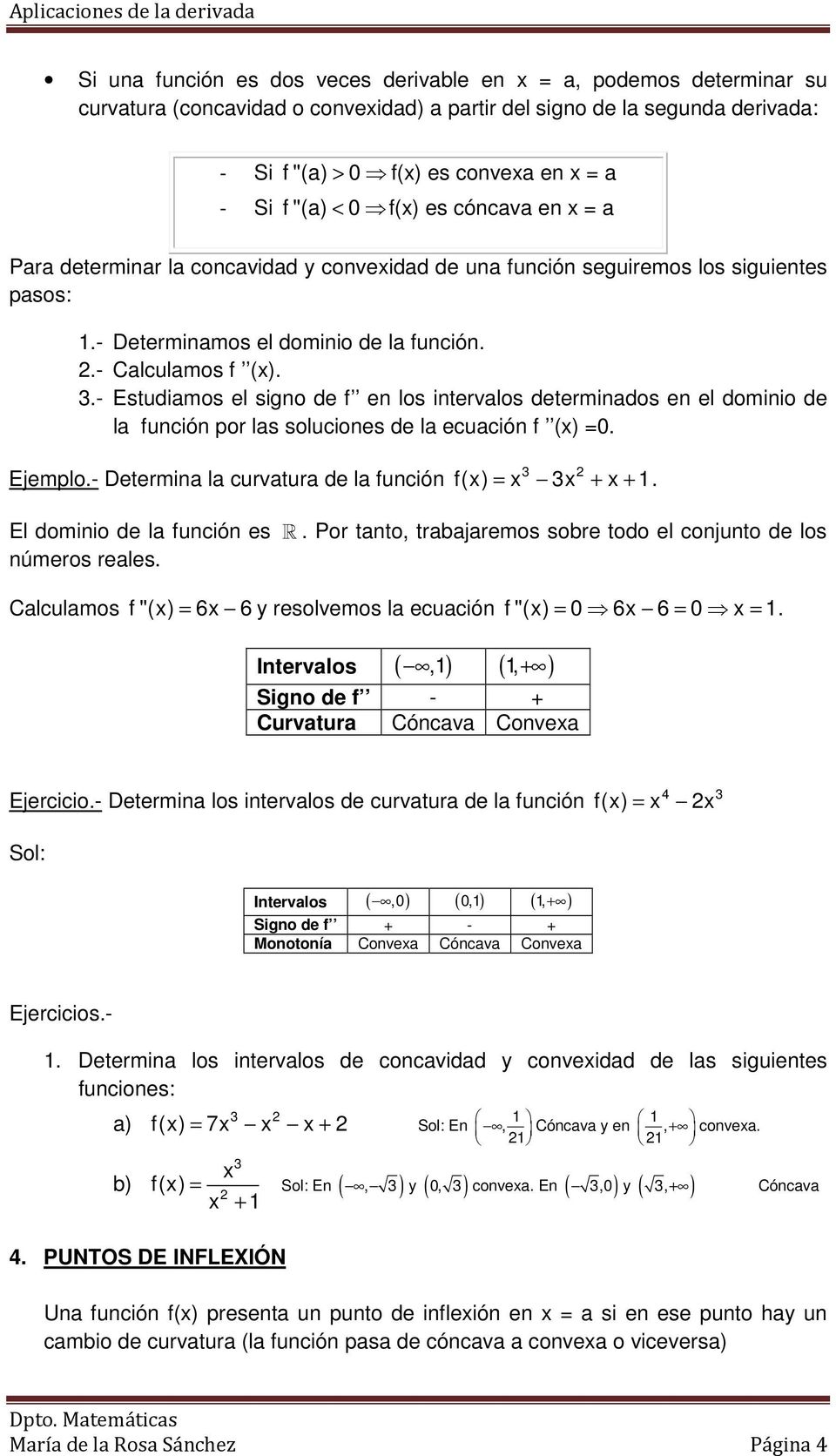 .- Estudiamos el signo de f en los intervalos determinados en el dominio de la función por las soluciones de la ecuación f () =0. Ejemplo.- Determina la curvatura de la función f() = + + 1.