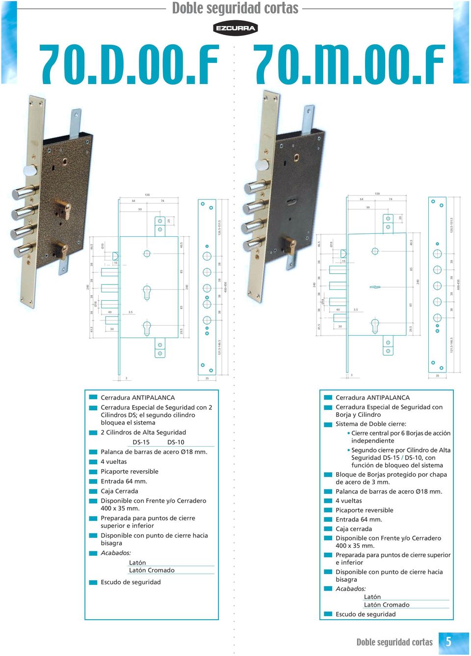 5 400-450 5 5 Cerradura Especial de Seguridad con 2 Cilindros DS; el segundo cilindro bloquea el sistema 2 Cilindros de Alta Seguridad DS- DS-10 Palanca de barras de acero mm.