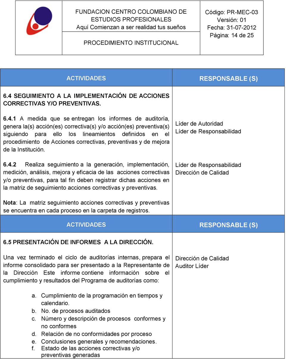 SEGUIMIENTO A LA IMPLEMENTACIÓN DE ACCIONES CORRECTIVAS Y/O PREVENTIVAS. 6.4.