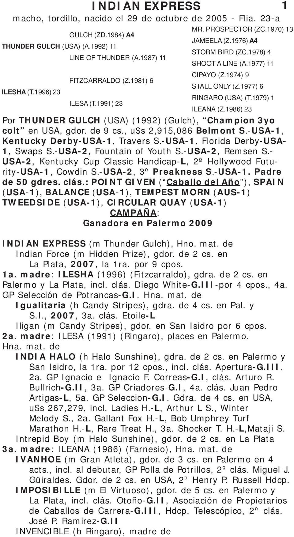 1986) 23 Por THUNDER GULCH (USA) (1992) (Gulch), Champion 3yo colt en USA, gdor. de 9 cs., u$s 2,915,086 Belmont S.-USA-1, Kentucky Derby-USA-1, Travers S.-USA-1, Florida Derby-USA- 1, Swaps S.