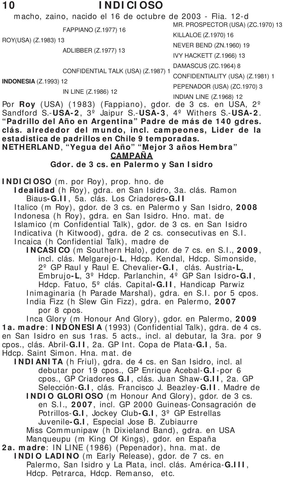 1970) 3 IN LINE (Z.1986) 12 INDIAN LINE (Z.1968) 12 Por Roy (USA) (1983) (Fappiano), gdor. de 3 cs. en USA, 2º Sandford S.-USA-2, 3º Jaipur S.-USA-3, 4º Withers S.-USA-2. Padrillo del Año en Argentina Padre de más de 140 gdres.