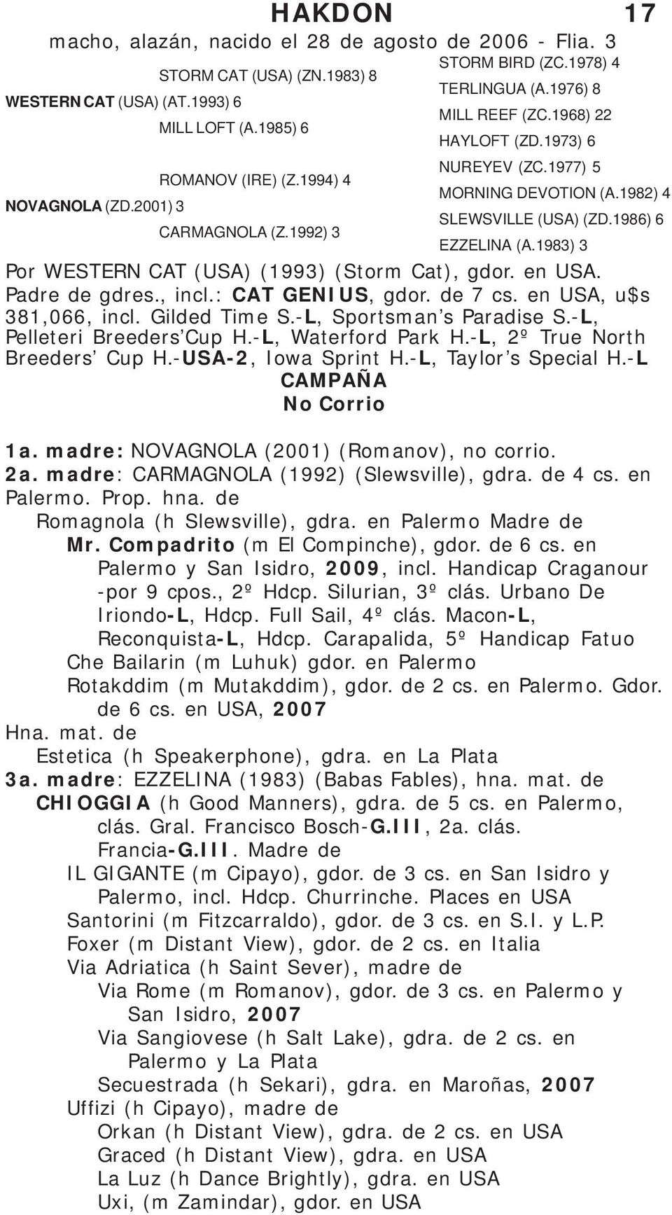1986) 6 EZZELINA (A.1983) 3 Por WESTERN CAT (USA) (1993) (Storm Cat), gdor. en USA. Padre de gdres., incl.: CAT GENIUS, gdor. de 7 cs. en USA, u$s 381,066, incl. Gilded Time S.