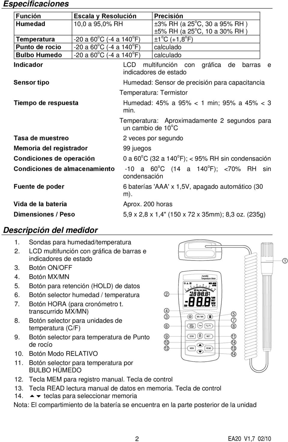 Humedad: Sensor de precisión para capacitancia Temperatura: Termistor Tiempo de respuesta Humedad: 45% a 95% < 1 min; 95% a 45% < 3 min.