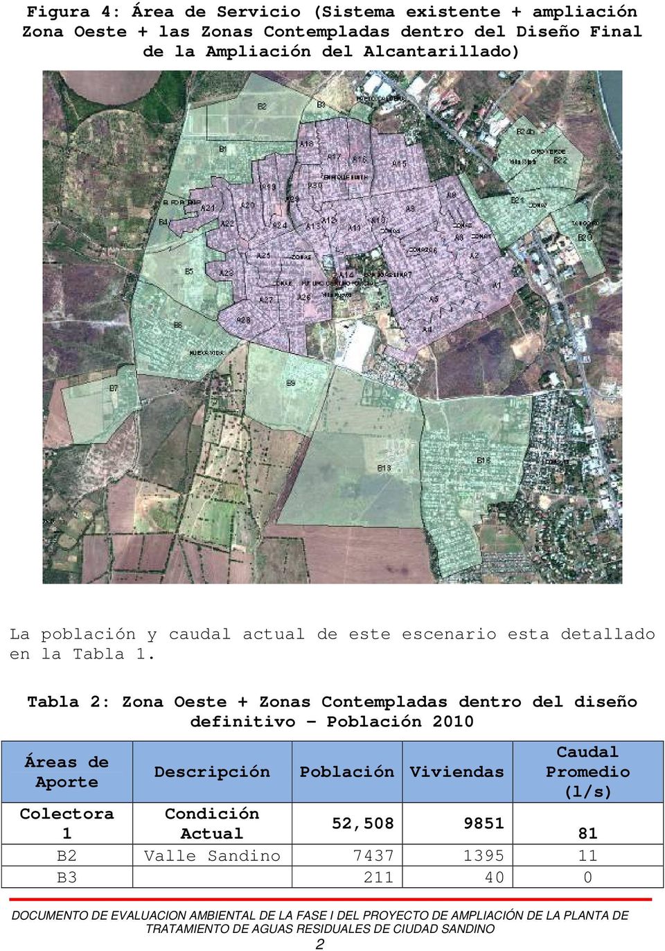 Tabla 2: Zona Oeste + Zonas Contempladas dentro del diseño definitivo Población 2010 Áreas de Aporte Colectora 1