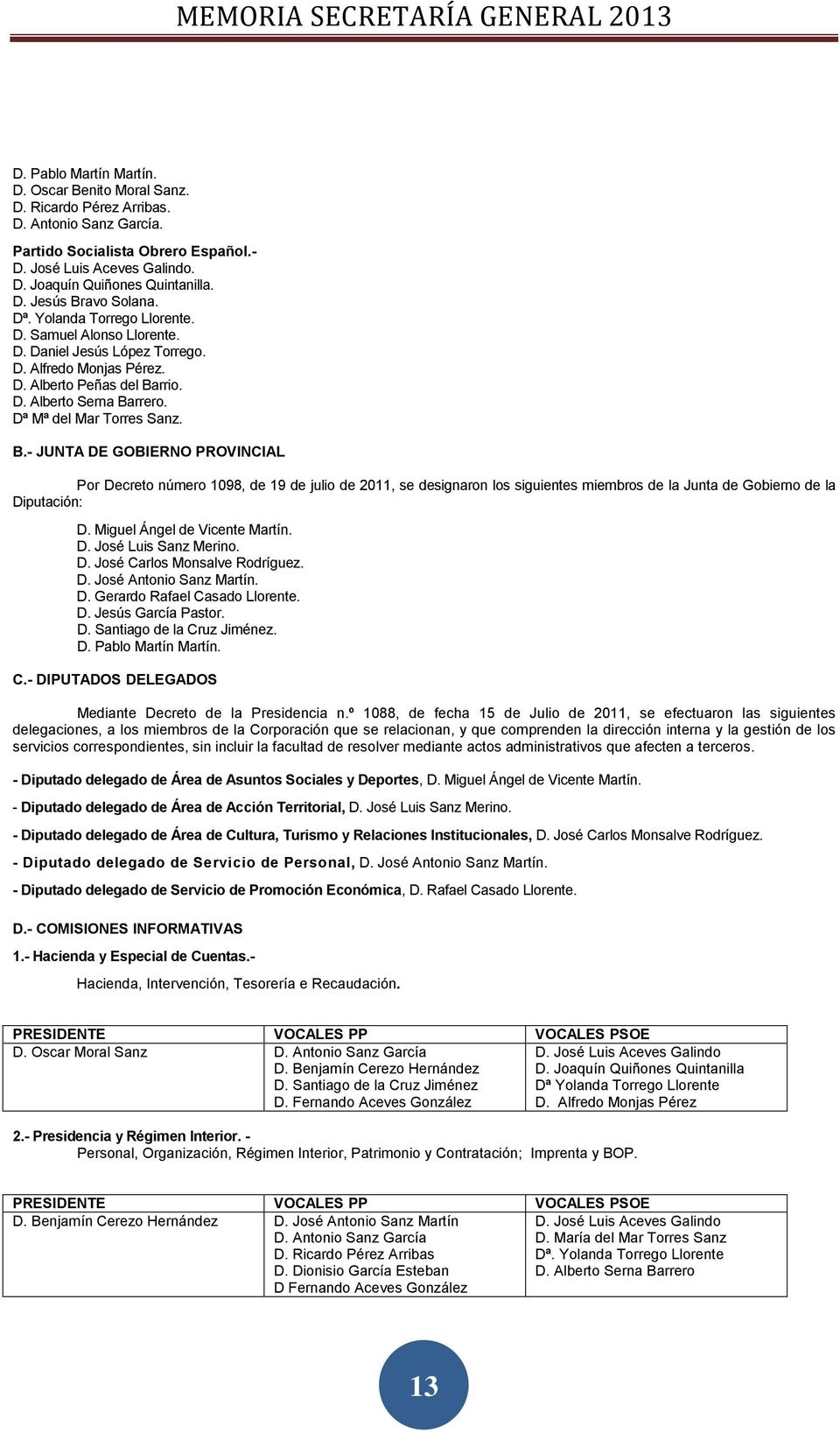 Dª Mª del Mar Torres Sanz. B.- JUNTA DE GOBIERNO PROVINCIAL Por Decreto número 1098, de 19 de julio de 2011, se designaron los siguientes miembros de la Junta de Gobierno de la Diputación: D.