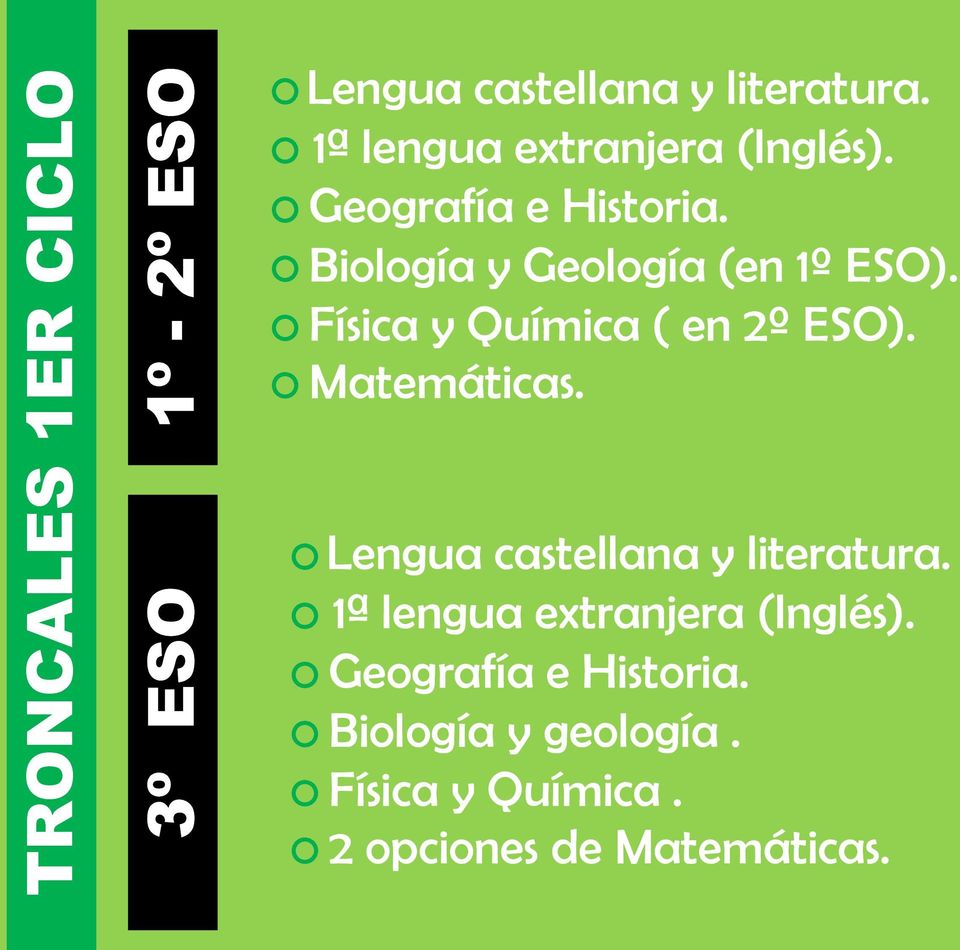 Física y Química ( en 2º ESO). Matemáticas. Lengua castellana y literatura.
