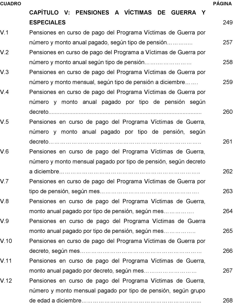 3 Pensiones en curso de pago del Programa Víctimas de Guerra por número y monto mensual, según tipo de pensión a diciembre. 259 V.