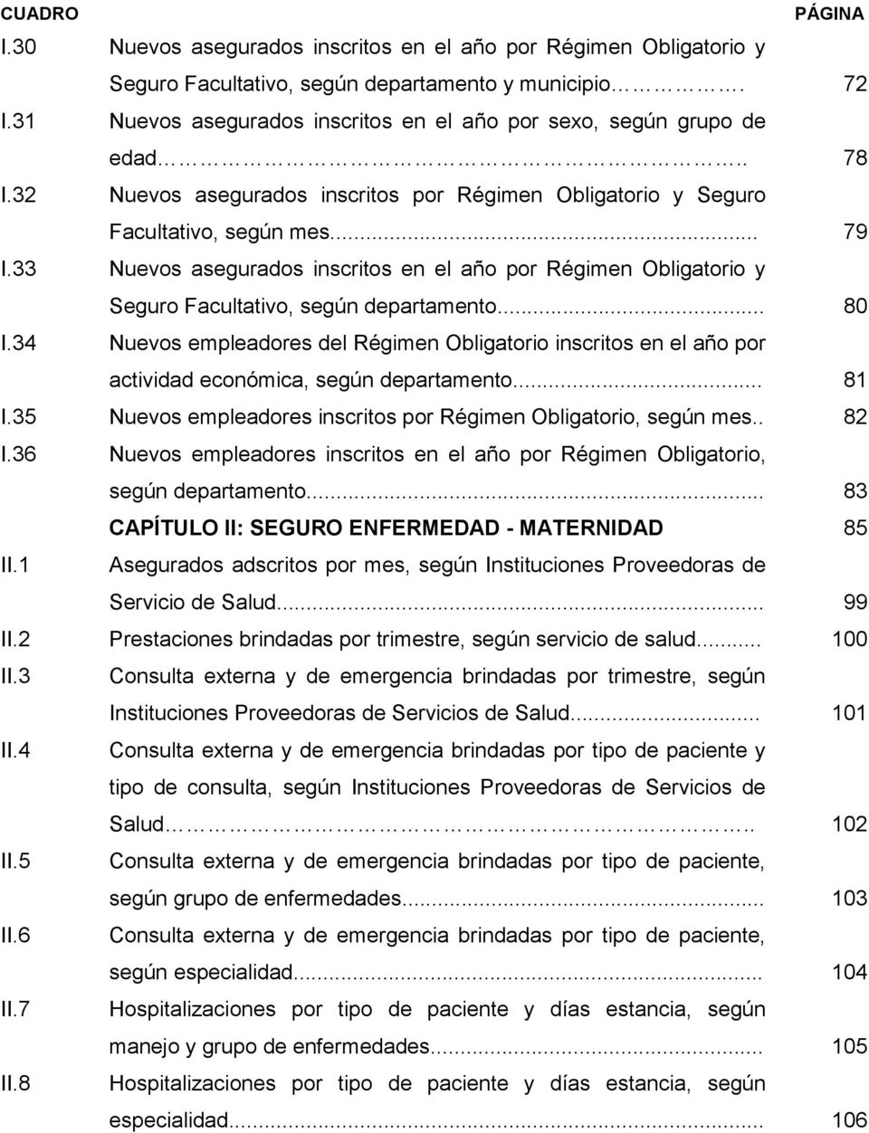 33 Nuevos asegurados inscritos en el año por Régimen Obligatorio y Seguro Facultativo, según departamento... 80 I.