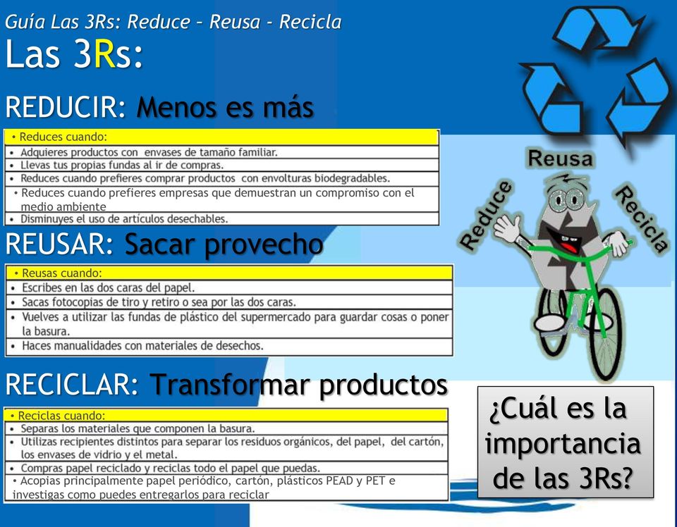 RECICLAR: Transformar productos Reciclas cuando: Acopias principalmente papel periódico,