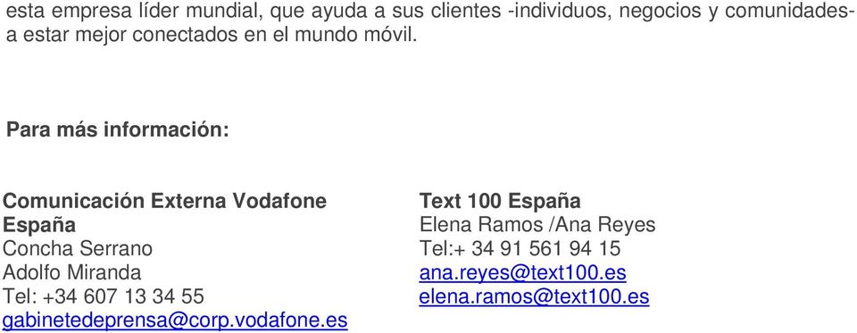 Para más información: Comunicación Externa Vodafone España Concha Serrano Adolfo Miranda Tel: