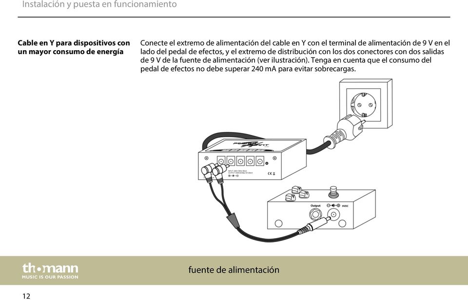 extremo de distribución con los dos conectores con dos salidas de 9 V de la fuente de alimentación (ver ilustración).