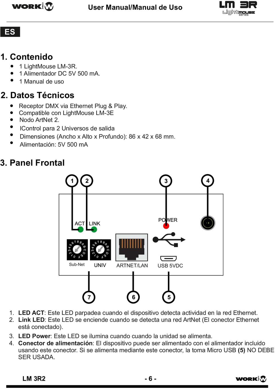 LED ACT: Este LED parpadea cuando el dispositivo detecta actividad en la red Ethernet. 2. Link LED: Este LED se enciende cuando se detecta una red ArtNet (El conector Ethernet está conectado). 3.
