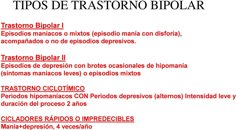 Trastorno Bipolar II Episodios de depresión con brotes ocasionales de hipomanía (síntomas maníacos leves) o