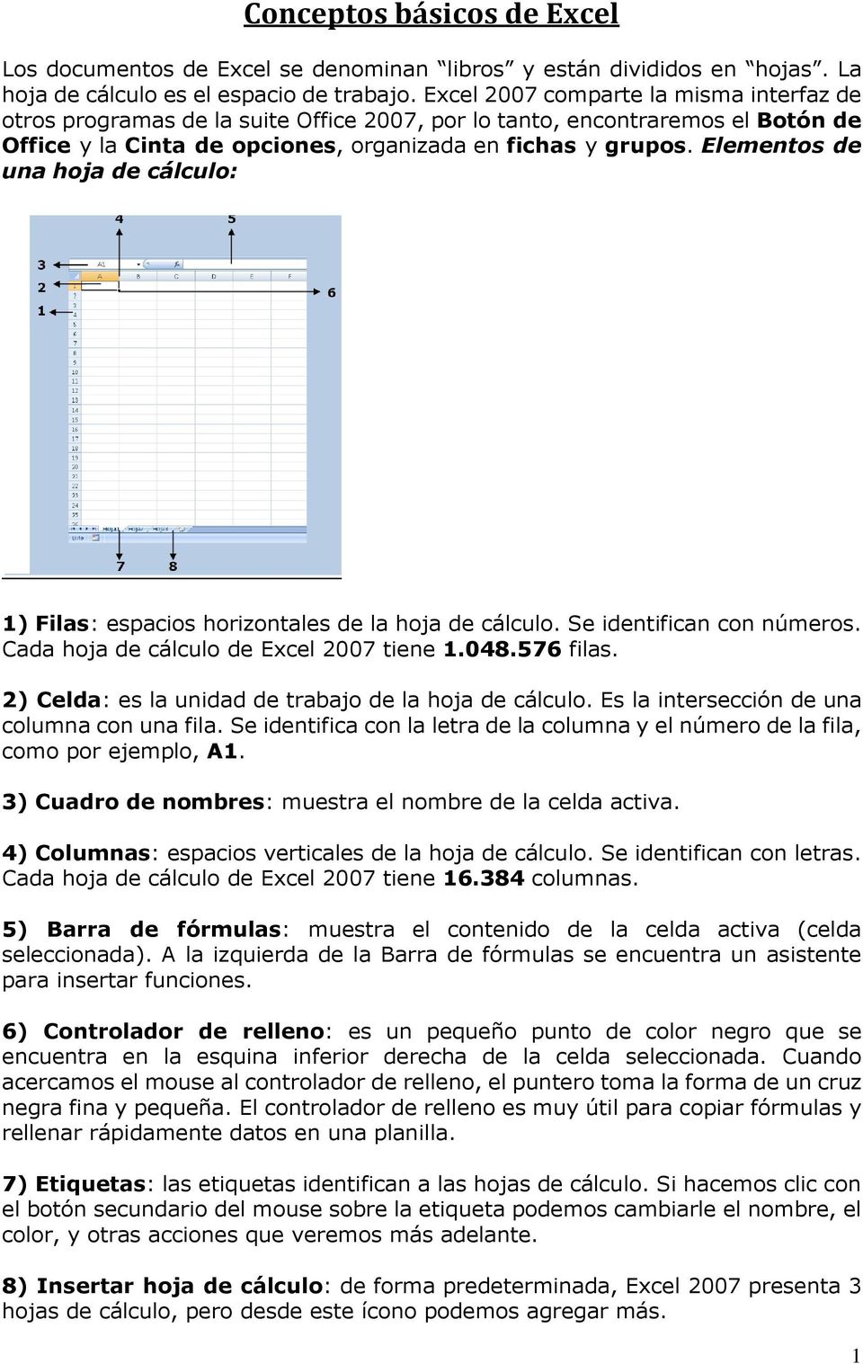 Elementos de una hoja de cálculo: 1) Filas: espacios horizontales de la hoja de cálculo. Se identifican con números. Cada hoja de cálculo de Excel 2007 tiene 1.048.576 filas.