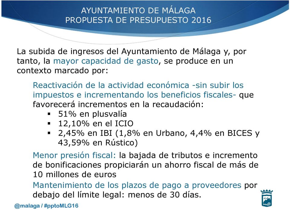 12,10% en el ICIO 2,45% en IBI (1,8% en Urbano, 4,4% en BICES y 43,59% en Rústico) Menor presión fiscal: la bajada de tributos e incremento de