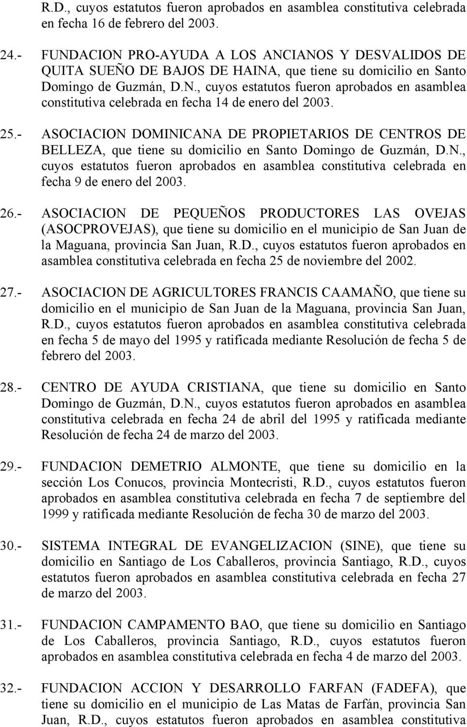 - ASOCIACION DOMINICANA DE PROPIETARIOS DE CENTROS DE BELLEZA, que tiene su domicilio en Santo Domingo de Guzmán, D.N., fecha 9 de enero del 2003. 26.