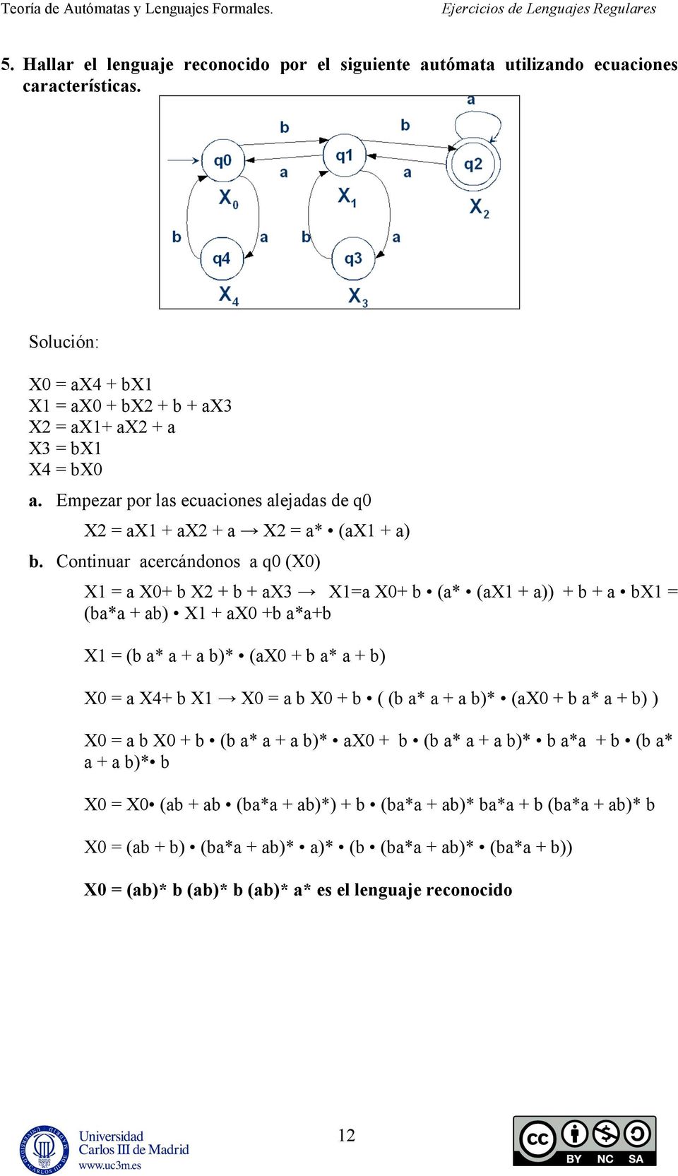 Continuar acercándonos a q0 (X0) X1 = a X0+ b X2 + b + ax3 X1=a X0+ b (a* (ax1 + a)) + b + a bx1 = (ba*a + ab) X1 + ax0 +b a*a+b X1 = (b a* a + a b)* (ax0 + b a* a + b) X0 = a X4+ b X1 X0 = a b