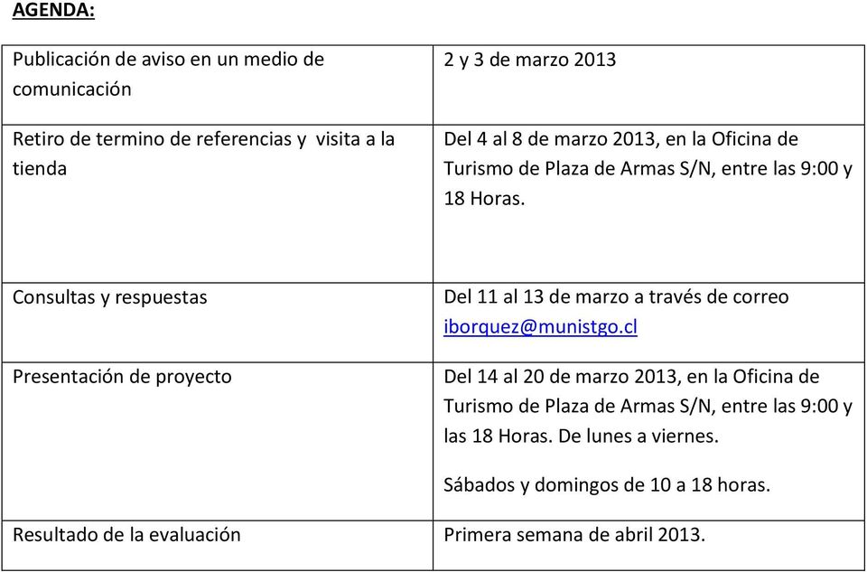Consultas y respuestas Presentación de proyecto Del 11 al 13 de marzo a través de correo iborquez@munistgo.