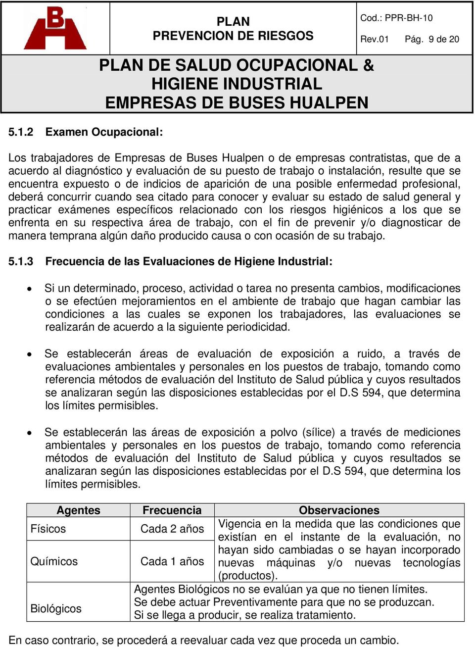2 Examen Ocupacional: Los trabajadores de Empresas de Buses Hualpen o de empresas contratistas, que de a acuerdo al diagnóstico y evaluación de su puesto de trabajo o instalación, resulte que se