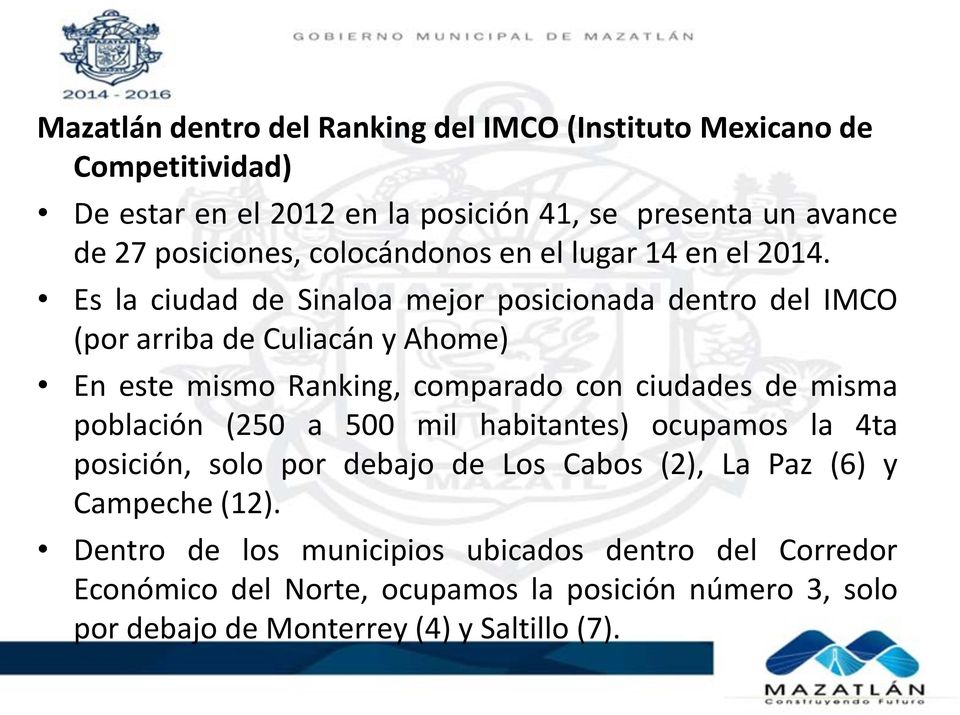 Es la ciudad de Sinaloa mejor posicionada dentro del IMCO (por arriba de Culiacán y Ahome) En este mismo Ranking, comparado con ciudades de misma