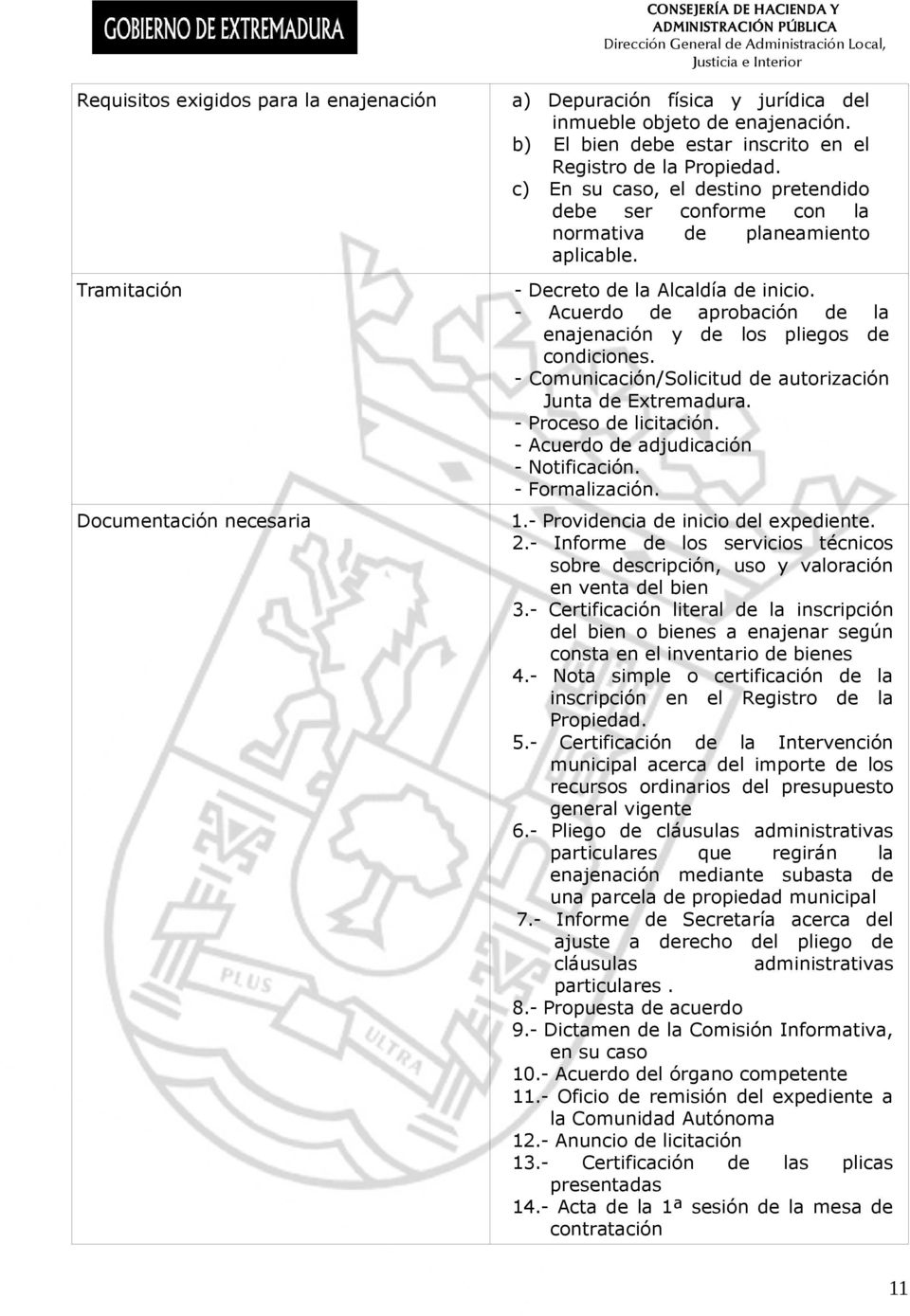 - Acuerdo de aprobación de la enajenación y de los pliegos de condiciones. - Comunicación/Solicitud de autorización Junta de Extremadura. - Proceso de licitación.