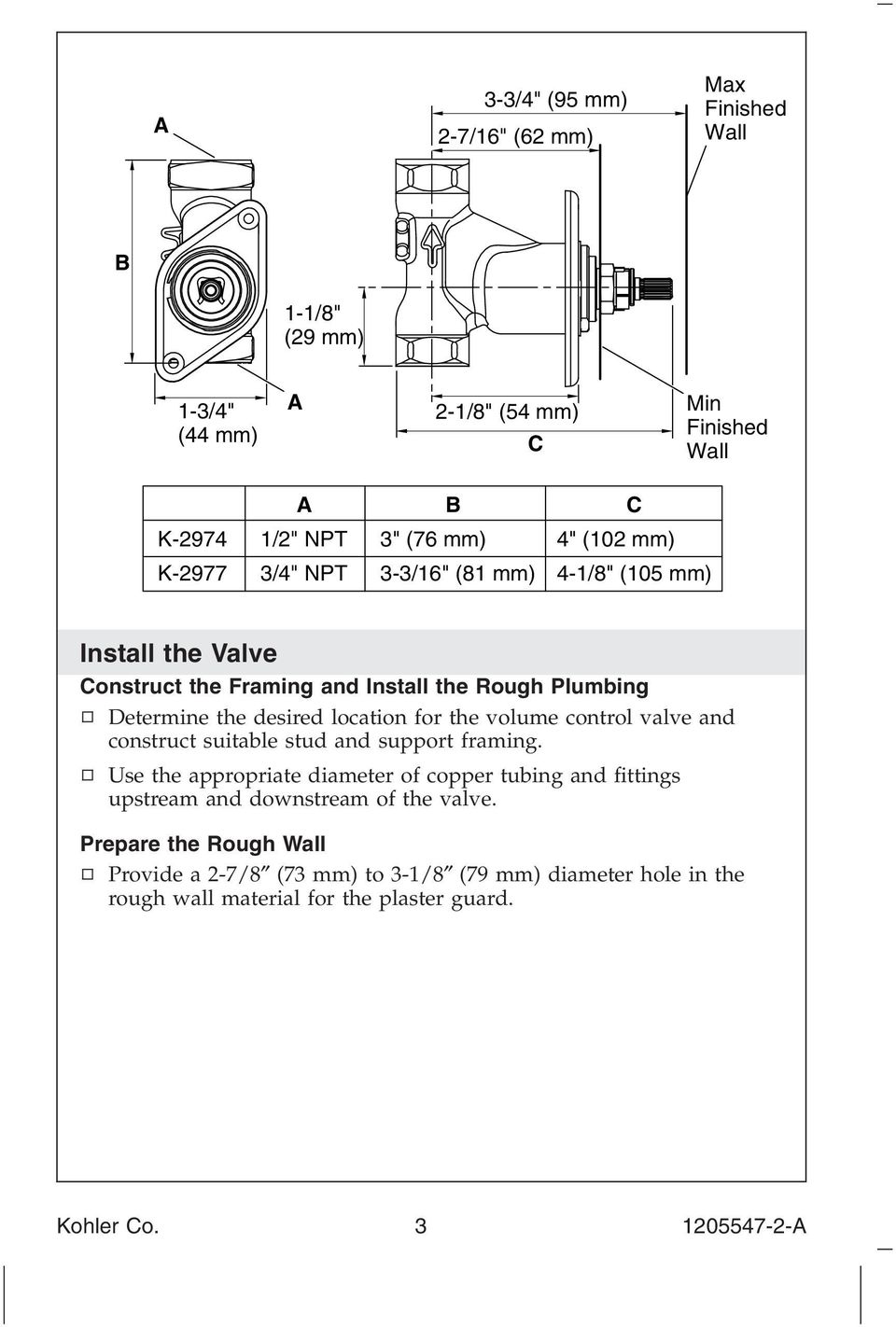 the volume control valve and construct suitable stud and support framing.