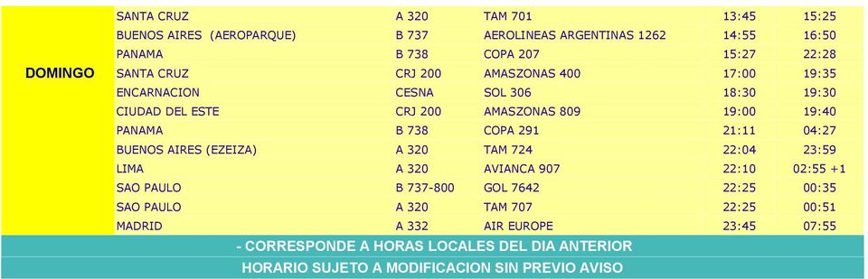 PAULO B 737-800 GOL 7642 22:25 00:35 SAO PAULO A 320 TAM 707 22:25 00:51 MADRID A 332 AIR EUROPE