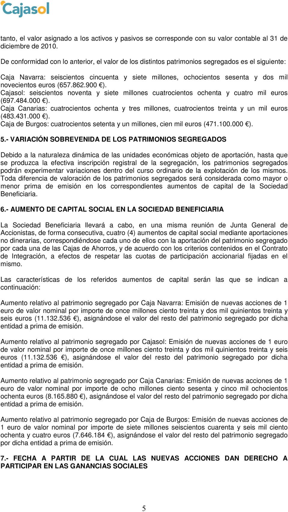 (657.862.900 ). Cajasol: seiscientos noventa y siete millones cuatrocientos ochenta y cuatro mil euros (697.484.000 ).