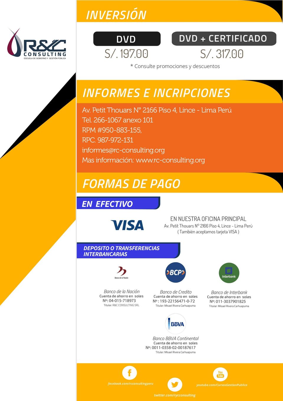 Petit Thouars N 2166 Piso 4, Lince - Lima Perú ( También aceptamos tarjeta VISA ) DEPOSITO O TRANSFERENCIAS INTERBANCARIAS Banco de la Nación Nº: 04-015-718973 Titular: R&C CONSULTING SRL Banco de