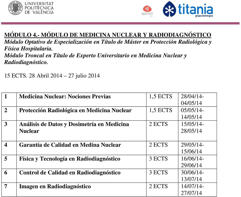 28 Abril 2014 27 julio 2014 1 Medicina Nuclear: Nociones Previas 1,5 ECTS 28/04/14-04/05/14 2 Protección Radiológica en Medicina Nuclear 1,5 ECTS 05/05/14-14/05/14 3 Análisis de Datos y