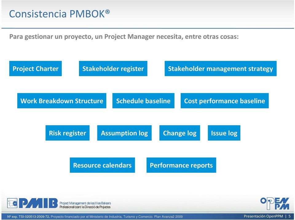 Work Breakdown Structure Schedule baseline Cost performance baseline Risk register