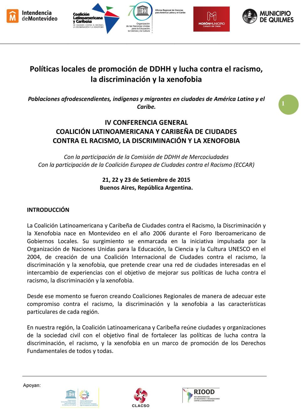 participación de la Coalición Europea de Ciudades contra el Racismo (ECCAR) 21, 22 y 23 de Setiembre de 2015 Buenos Aires, República Argentina.