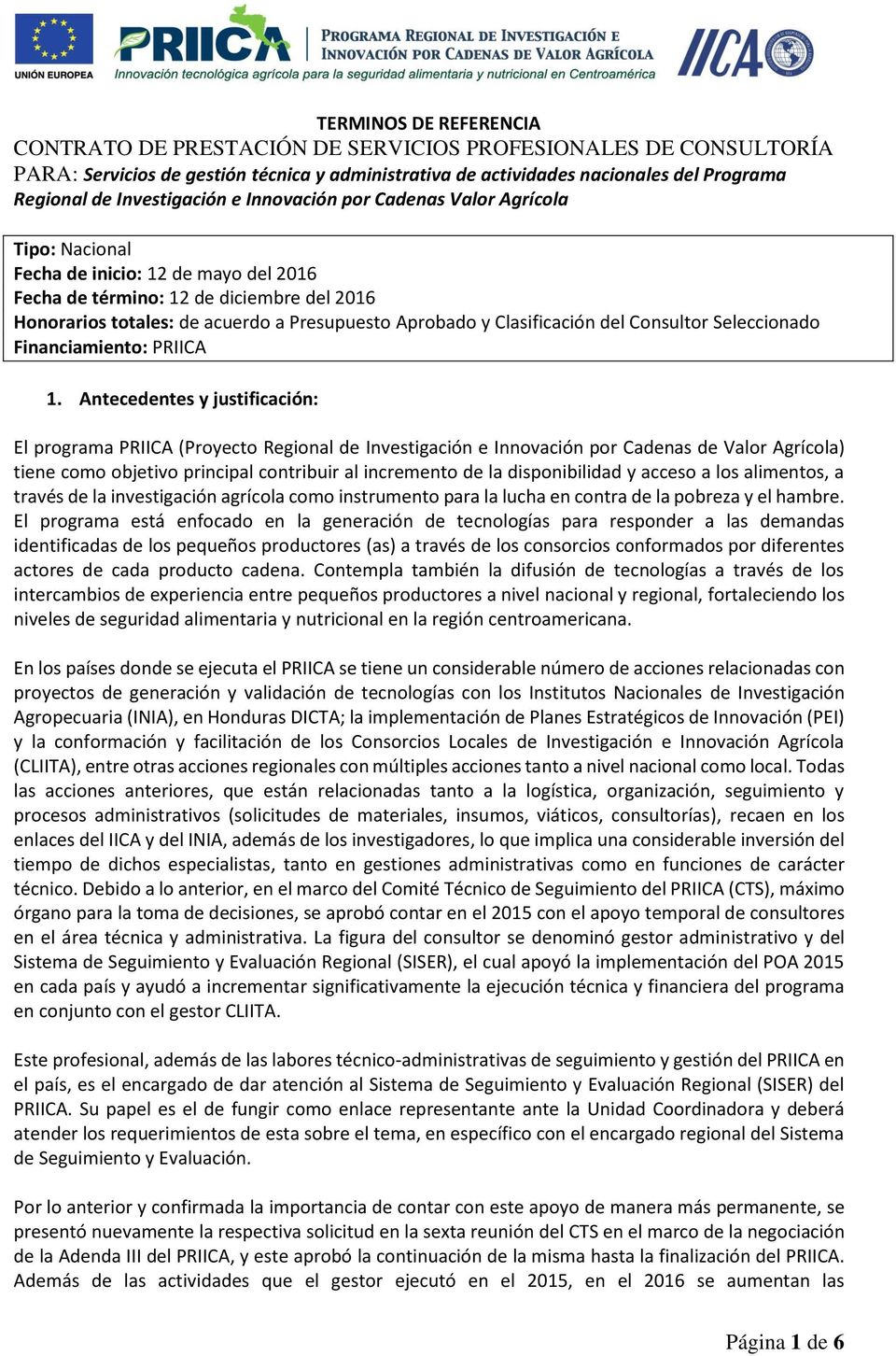 Aprobado y Clasificación del Consultor Seleccionado Financiamiento: PRIICA 1.