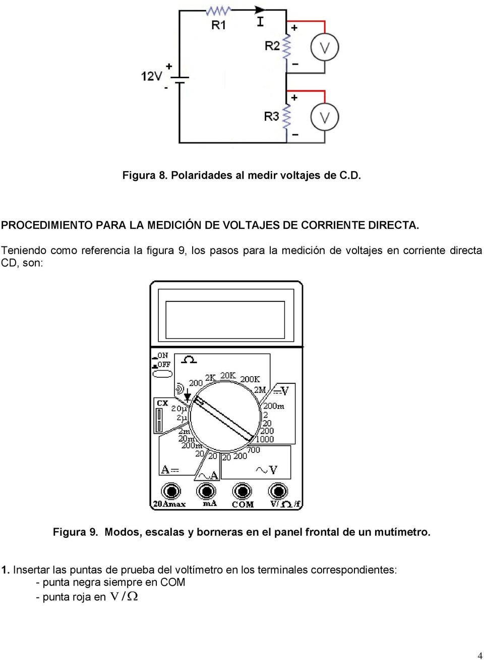 Teniendo como referencia la figura 9, los pasos para la medición de voltajes en corriente directa CD,