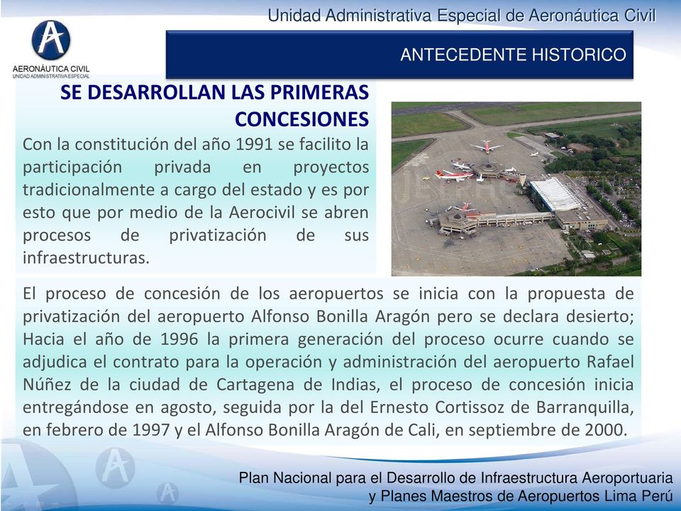 ANTECEDENTE HISTORICO El proceso de concesión de los aeropuertos se inicia con la propuesta de privatización del aeropuerto Alfonso Bonilla Aragón pero se declara desierto; Hacia el año de 1996 la