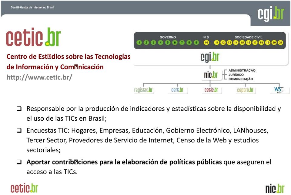 Brasil; Encuestas TIC: Hogares, Empresas, Educación, Gobierno Electrónico, LANhouses, Tercer Sector, Provedores de