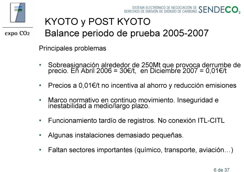 En Abril 2006 = 30 /t, en Diciembre 2007 = 0,01 /t Precios a 0,01 /t no incentiva al ahorro y reducción emisiones Marco