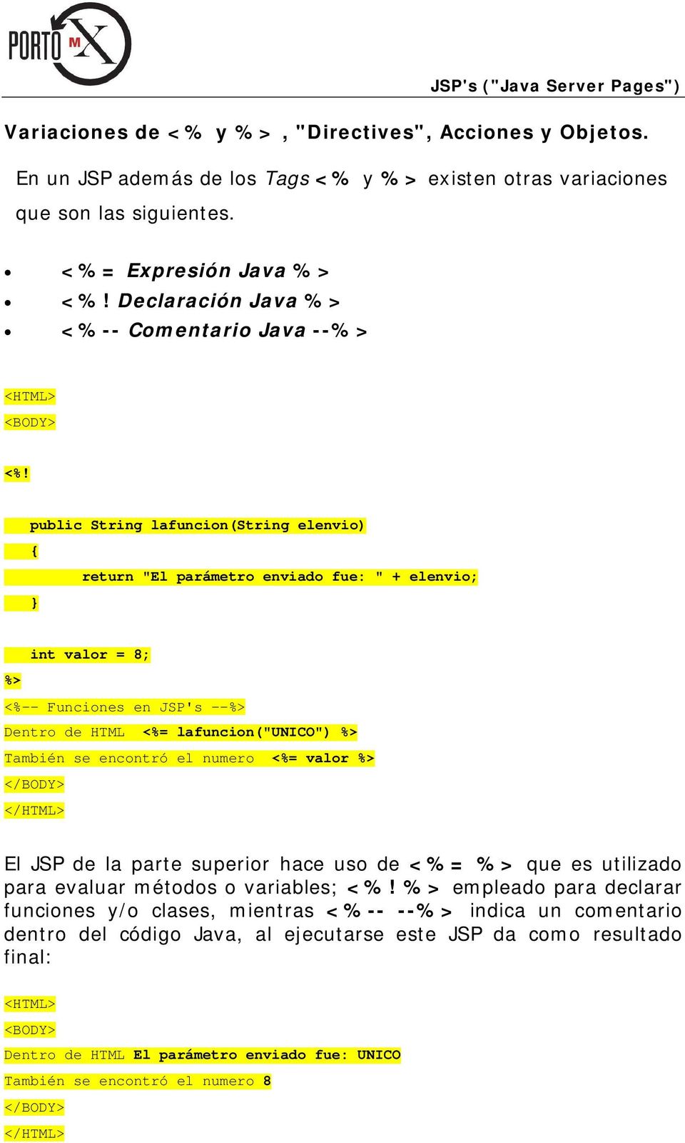 public String lafuncion(string elenvio) { return "El parámetro enviado fue: " + elenvio; } int valor = 8; %> <%-- Funciones en JSP's --%> Dentro de HTML <%= lafuncion("unico") %> También se encontró
