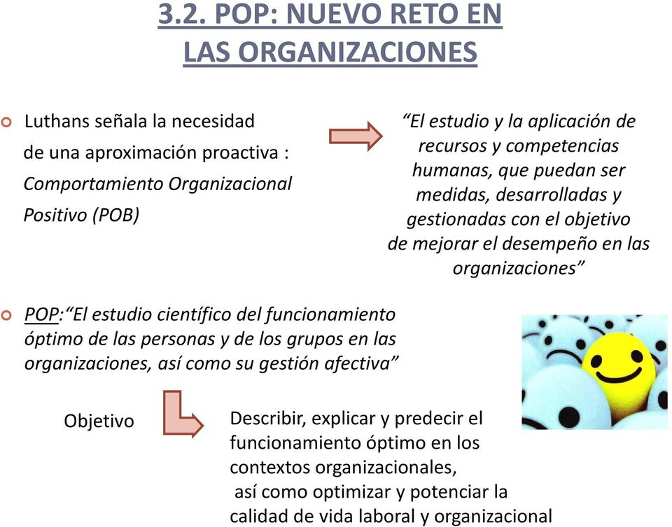 organizaciones POP: El estudio científico del funcionamiento óptimo de las personas y de los grupos en las organizaciones, así como su gestión afectiva
