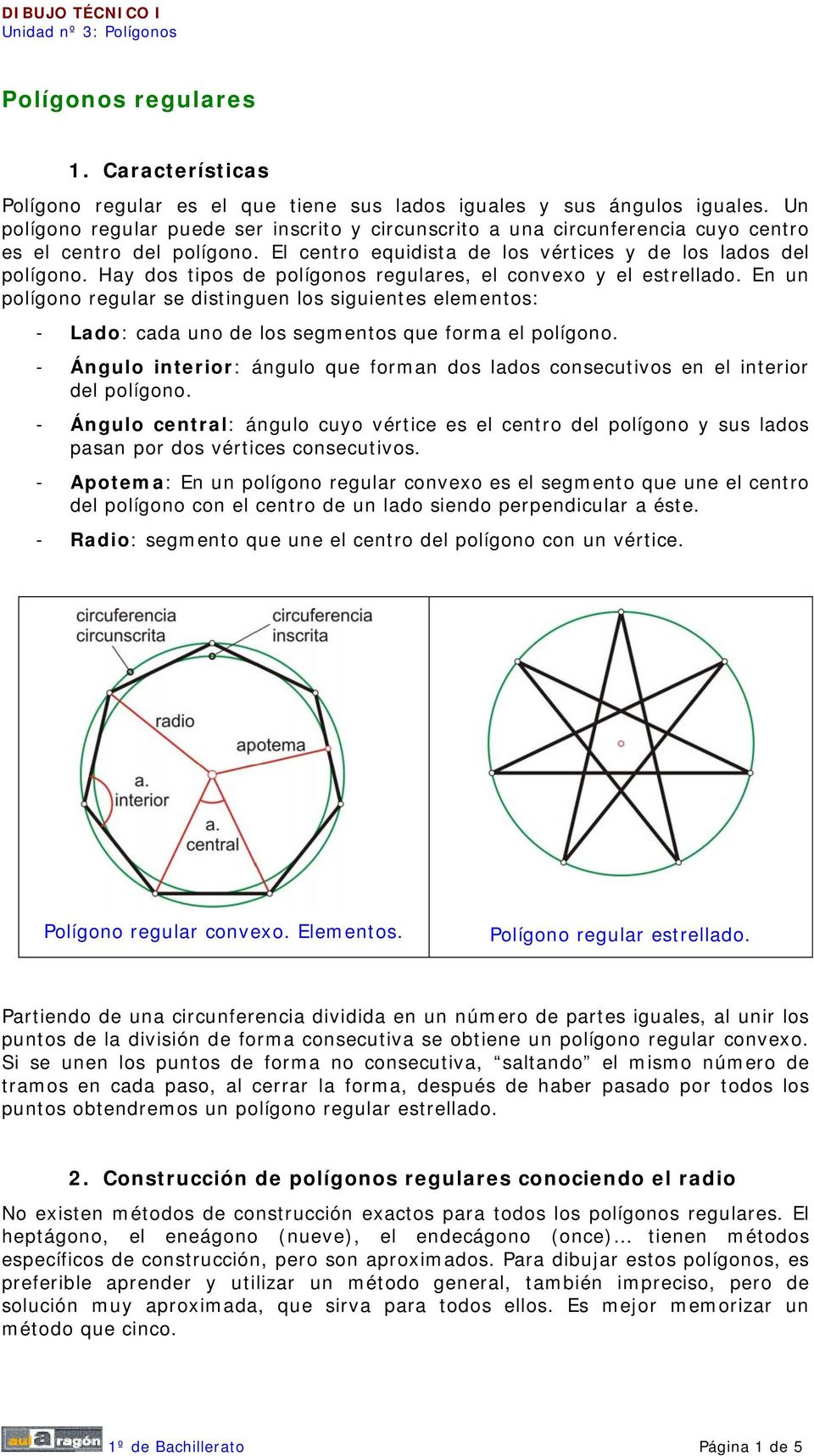 Hay dos tipos de polígonos regulares, el convexo y el estrellado. En un polígono regular se distinguen los siguientes elementos: - Lado: cada uno de los segmentos que forma el polígono.