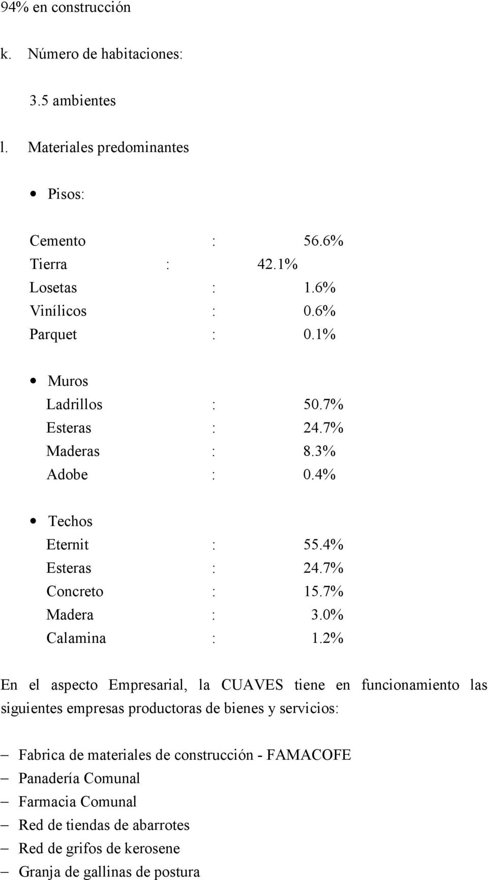 7% Concreto : 15.7% Madera : 3.0% Calamina : 1.