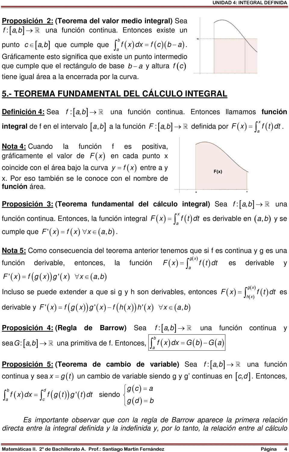 - TEOREMA FUNDAMENTAL DEL CÁLCULO INTEGRAL Definición 4: Se f: [, ] integrl de f en el intervlo [, ] l función F: [, ] definid por F ( ) ( ) un función continu.
