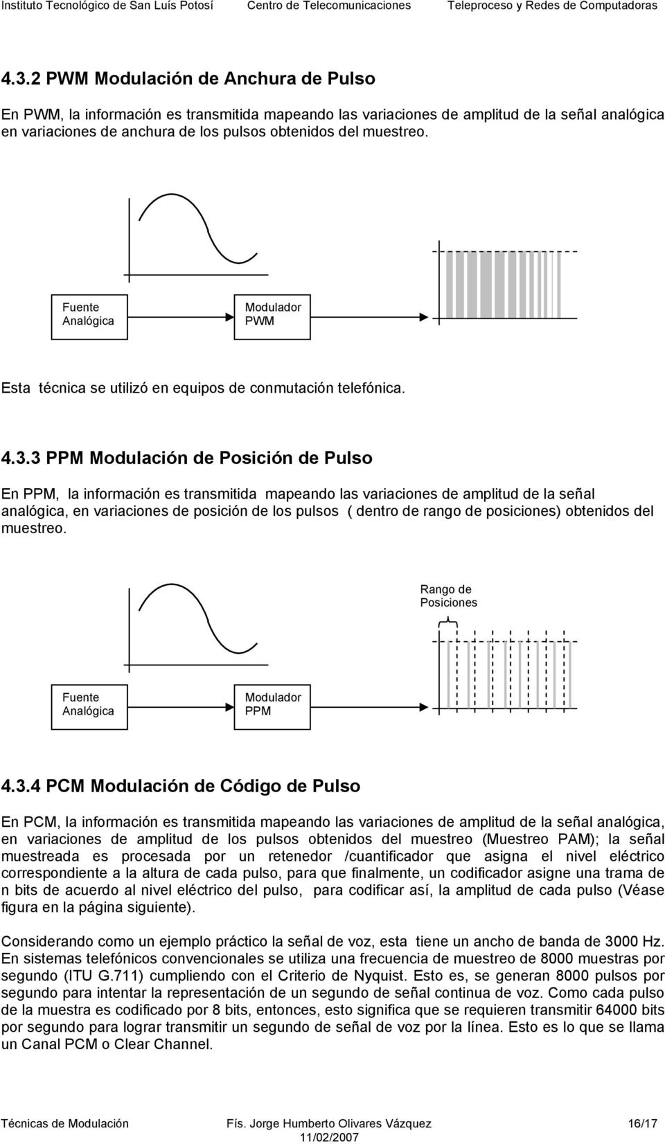3 PPM Modulación de Posición de Pulso En PPM, la información es ransmiida mapeando las variaciones de ampliud de la señal analógica, en variaciones de posición de los pulsos ( denro de rango de