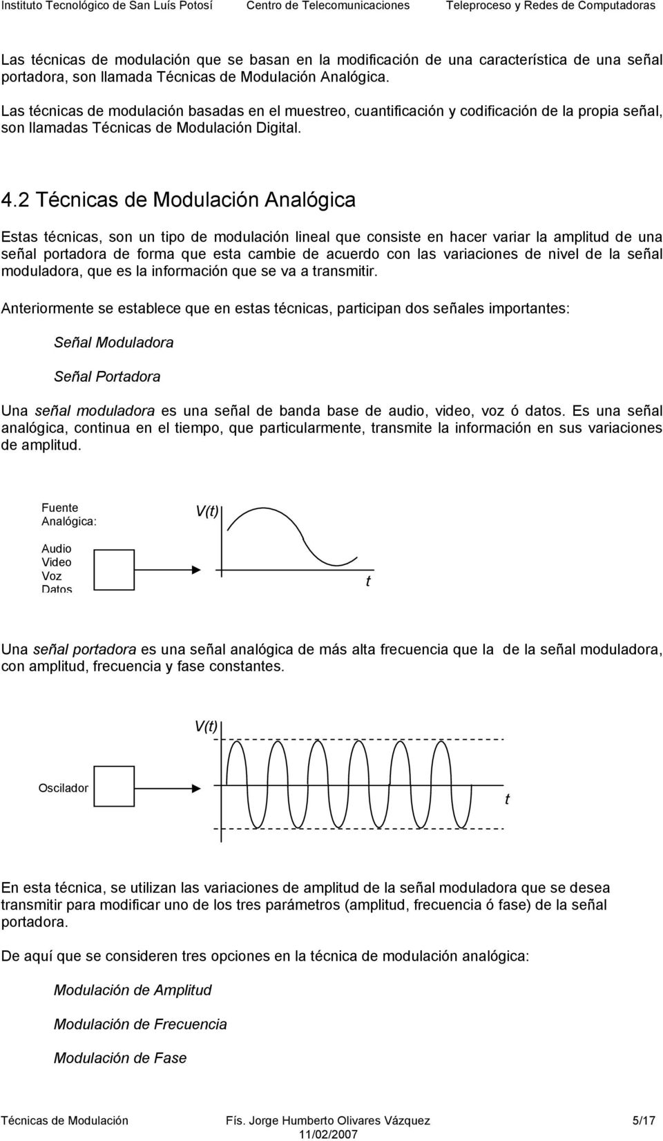 2 Técnicas de Modulación Esas écnicas, son un ipo de modulación lineal que consise en hacer variar la ampliud de una señal poradora de forma que esa cambie de acuerdo con las variaciones de nivel de